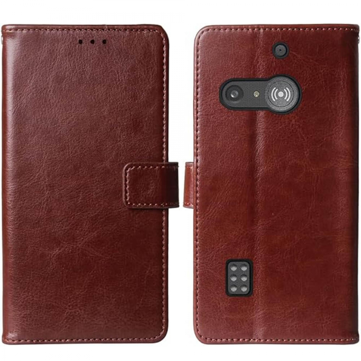 Eine braune Leder-Handyhülle, offen, um das Telefon zu zeigen. Die Hülle hat einen Magnetverschluss und Kartenfächer.