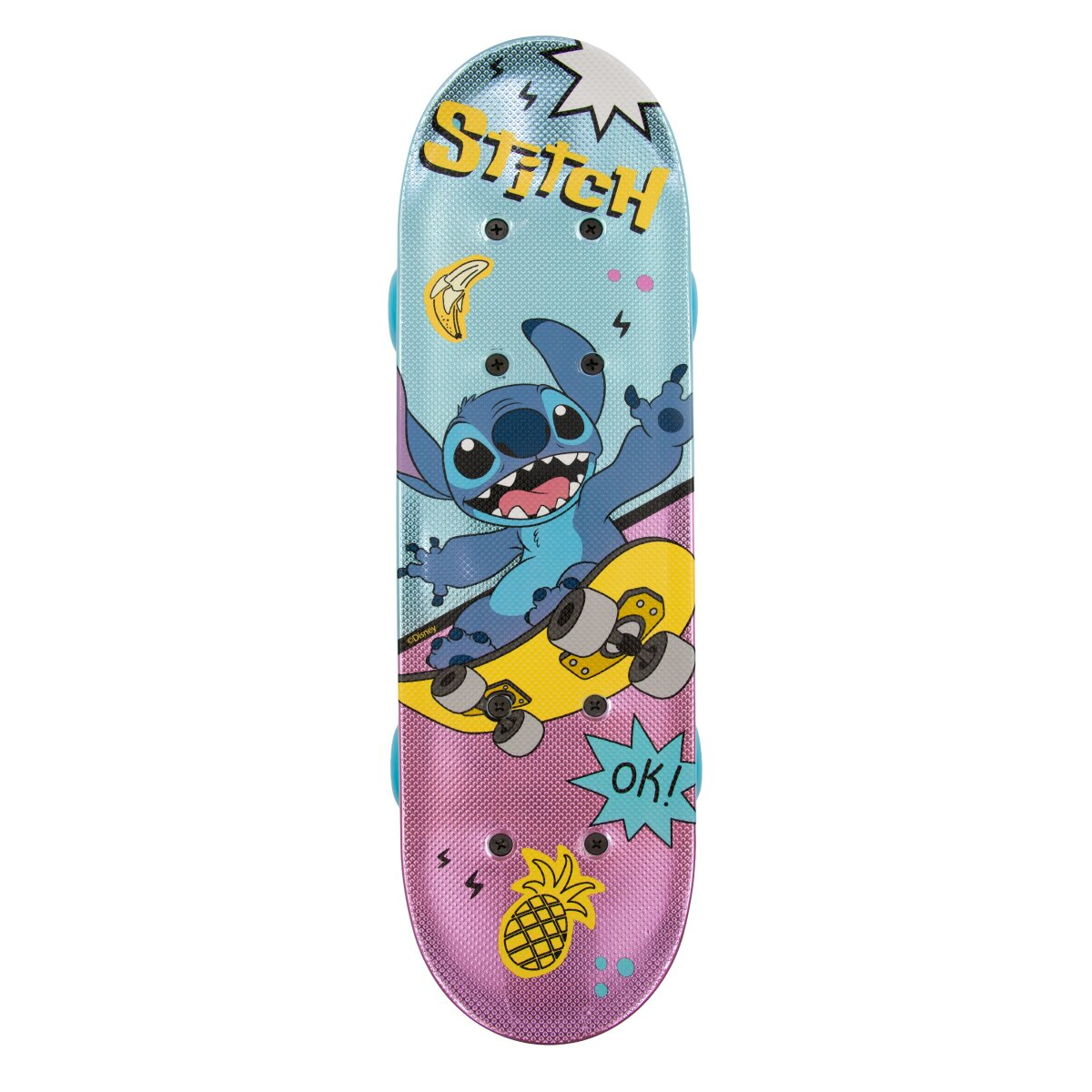 Uno skateboard blu con Stitch di Lilo & Stitch. Stitch va sullo skateboard su uno sfondo rosa e blu.