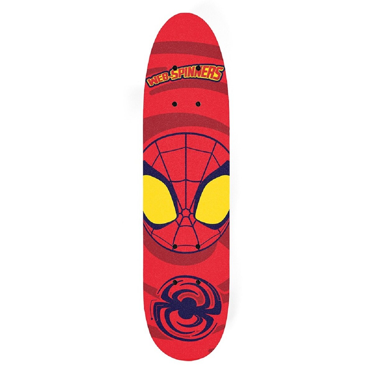 Uno skateboard rosso di Spider-Man con la faccia del personaggio e le parole 'Web-Spinners' in alto.