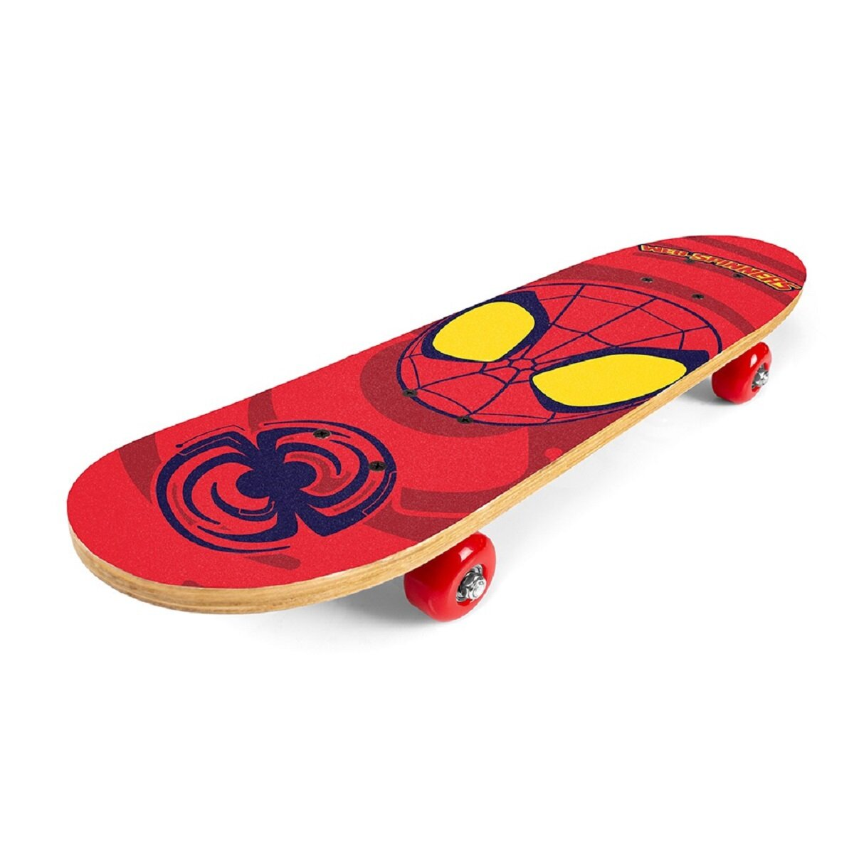Uno skateboard rosso con un design di Spiderman su sfondo bianco.