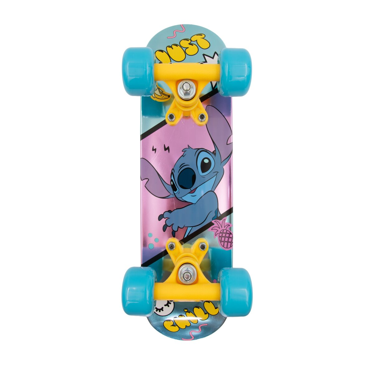 Uno skateboard blu con Stitch di Lilo & Stitch. Stitch è sulla tavola con la parola 'Chill'.