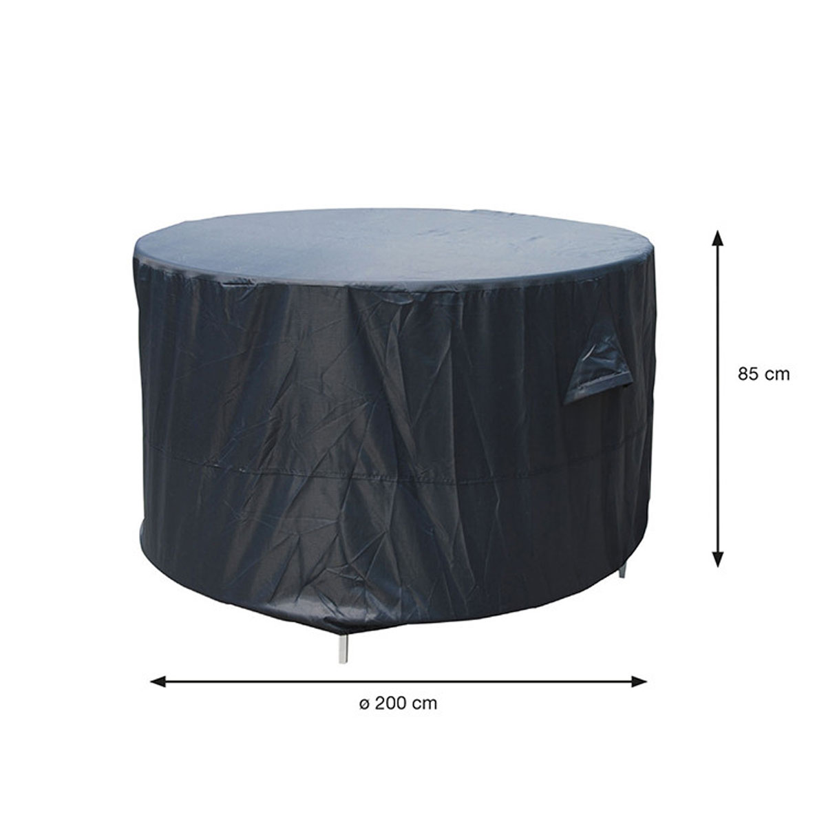 Ronde zwarte tafelhoes met afmetingen: Ø 200 cm en hoogte 85 cm.