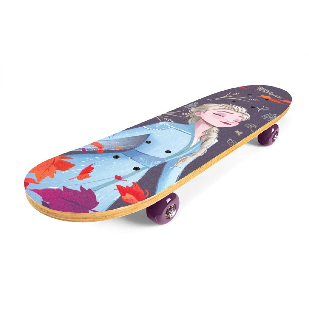 Uno skateboard con Elsa di Frozen 2, con il personaggio sulla tavola e uno sfondo viola.
