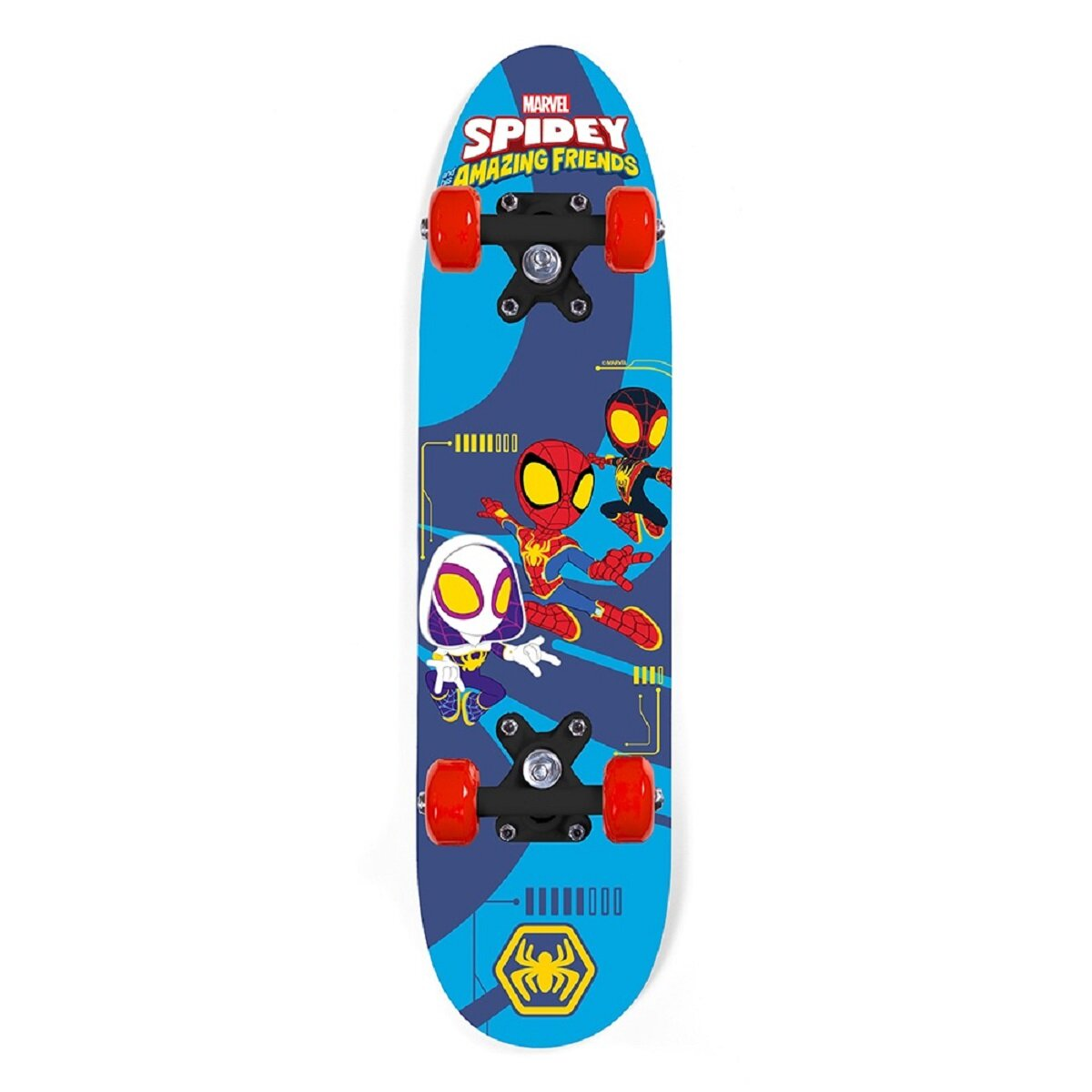 Uno skateboard blu con Spider-Man e altri personaggi sulla tavola. La tavola ha un design blu e rosso.