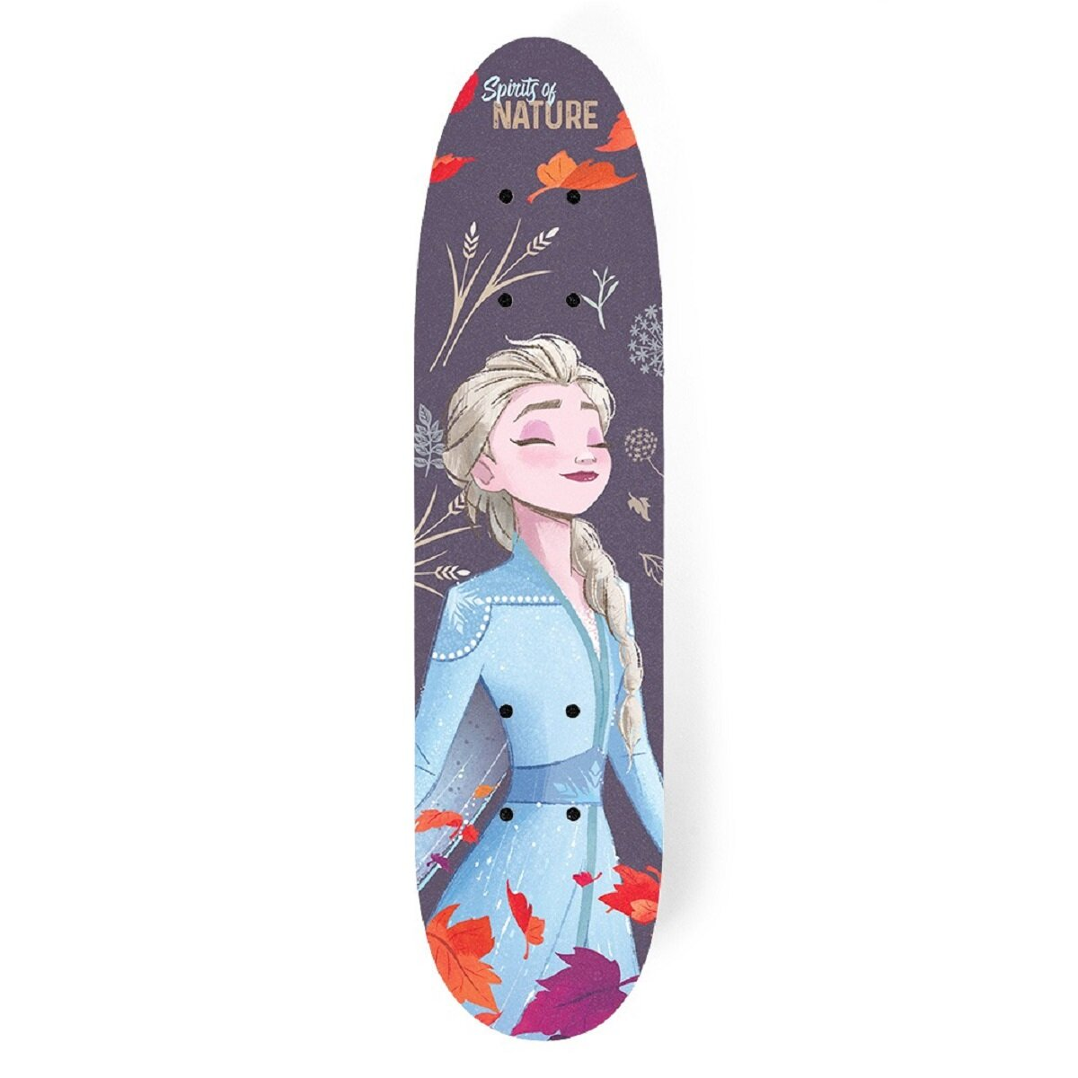 Elsa su uno skateboard con foglie autunnali e testo 'Spirits of Nature'.