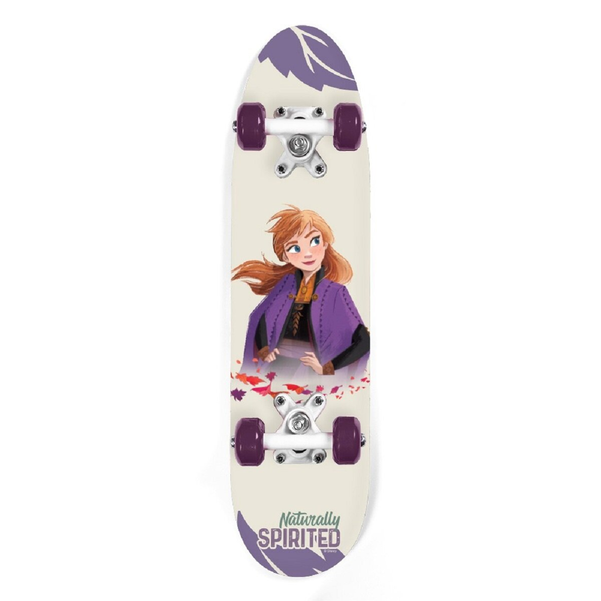 Uno skateboard con Anna di Frozen, con il personaggio sulla tavola. Design viola e floreale.