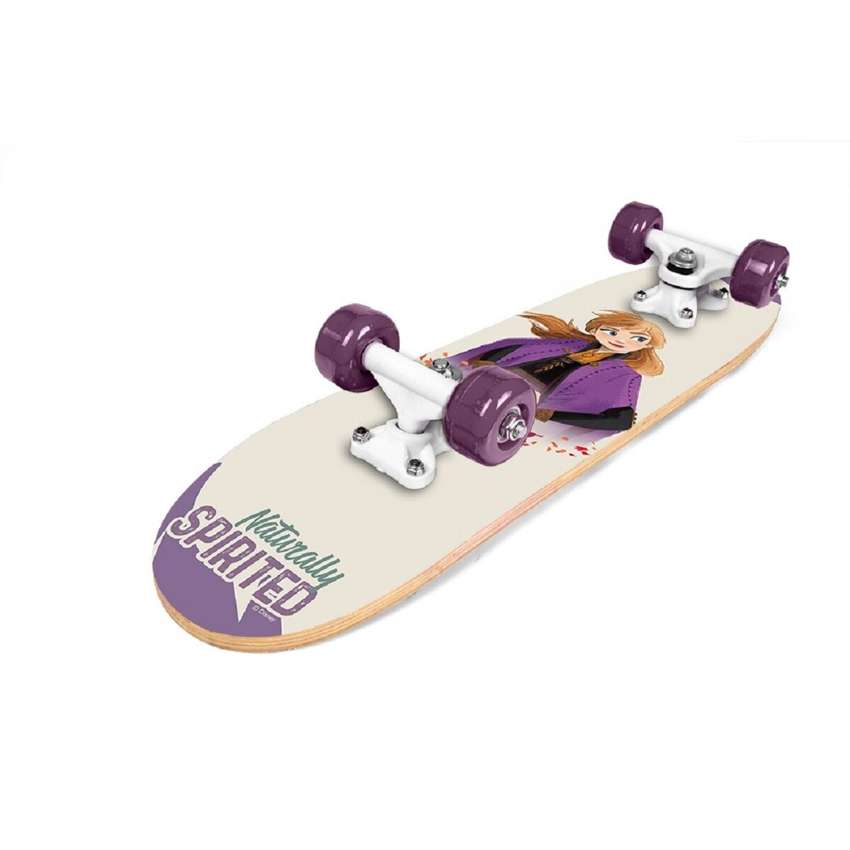 Uno skateboard con Anna di Frozen, con ruote viola e un design viola sulla tavola.