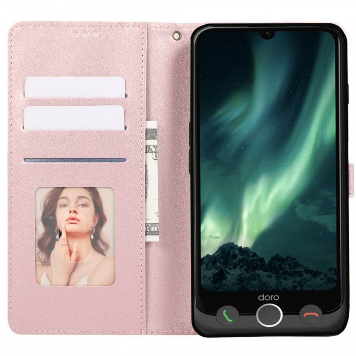 Eine pinke Handyhülle mit einem Telefon darin. Der Telefonbildschirm zeigt eine malerische Aurora Borealis-Ansicht.