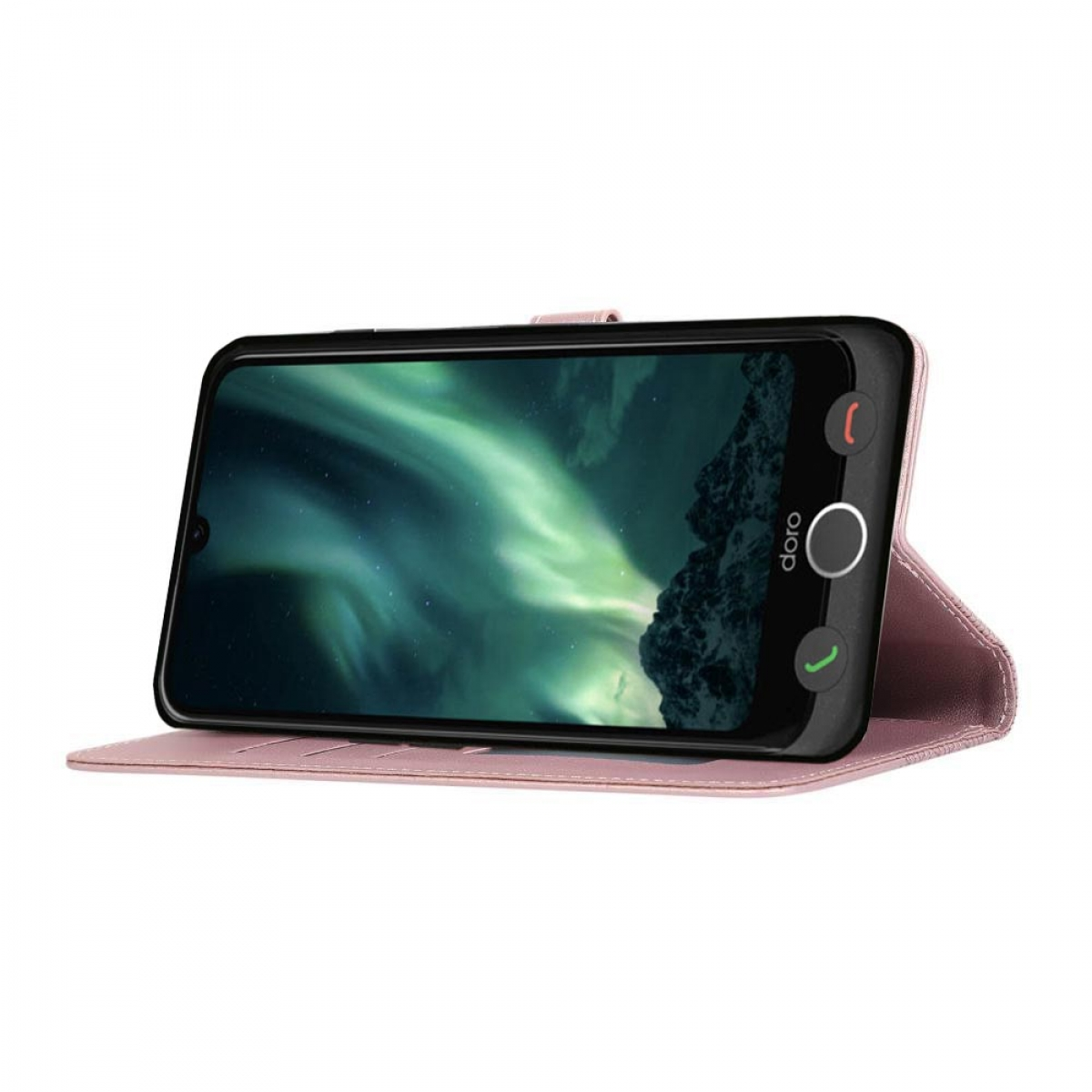 Smartphone in rosa Hülle, mit grünem Anrufknopf und weißem Kreis.