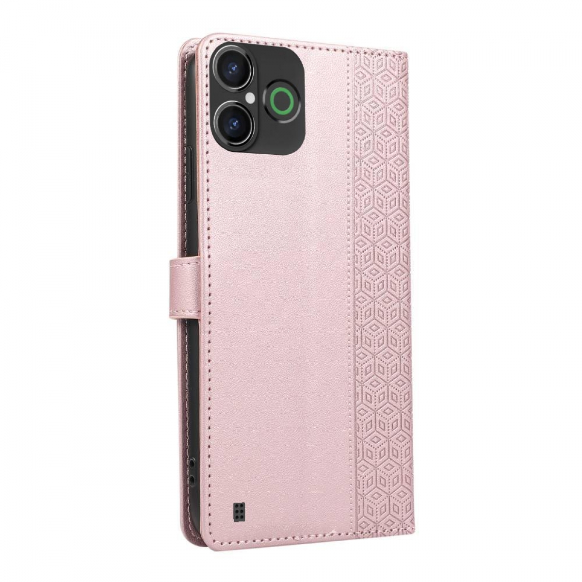 Eine pinke Handyhülle mit einem Telefon darin. Die Hülle hat ein geometrisches Muster auf der Rückseite und einen Magnetverschluss.