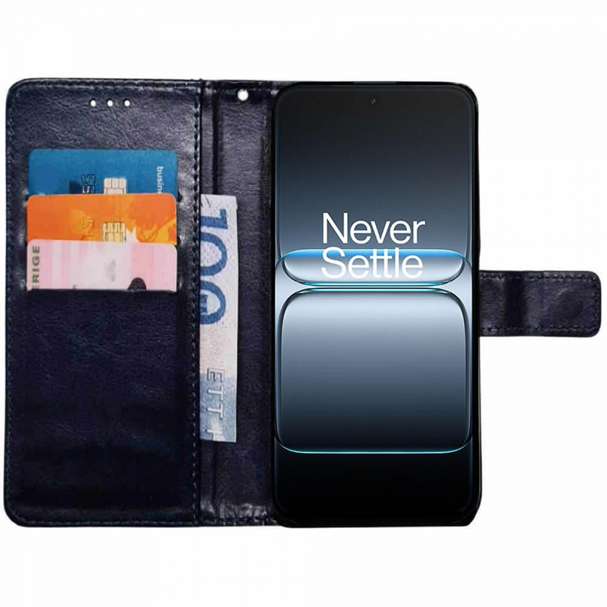 Ein Telefon in einer blauen Brieftaschenhülle, mit Karten und einer Rechnung im Inneren. Das Telefon hat einen Bildschirm, der Grafiken zeigt.