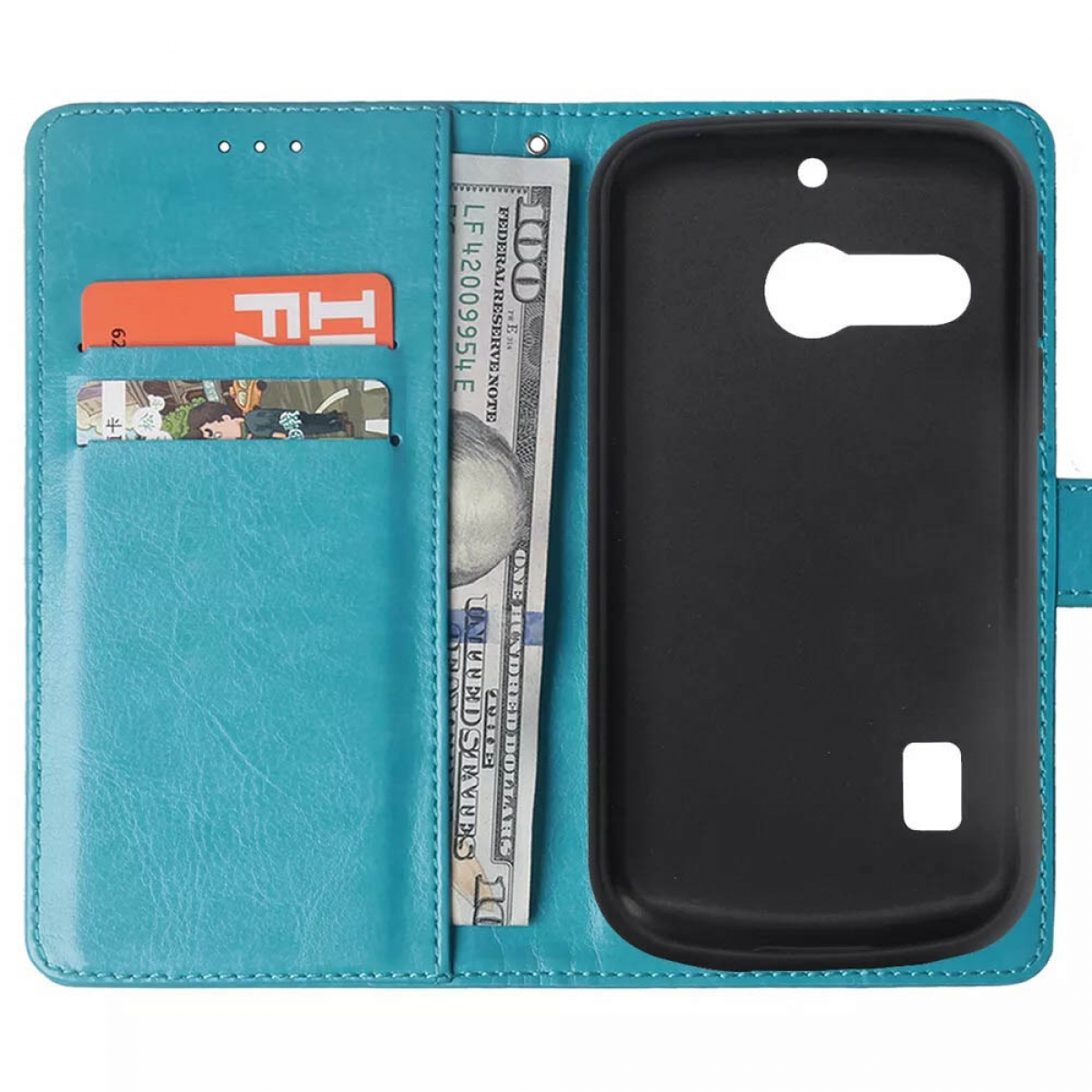 Ein Telefon in einer blauen Brieftaschenhülle, offen. US-Dollar-Schein und Karten sind sichtbar. Die Handyhülle ist schwarz.