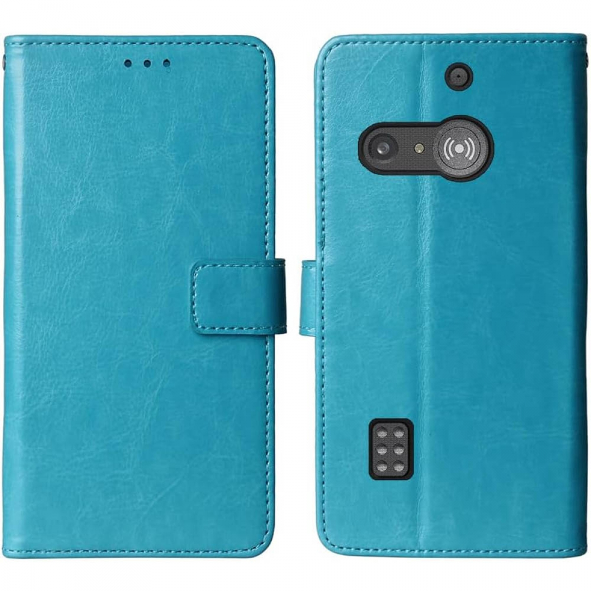 Eine blaue Brieftaschenhülle, offen, zeigt die Innenseite und die Rückseite des Telefons. Die Kamera des Telefons ist sichtbar.