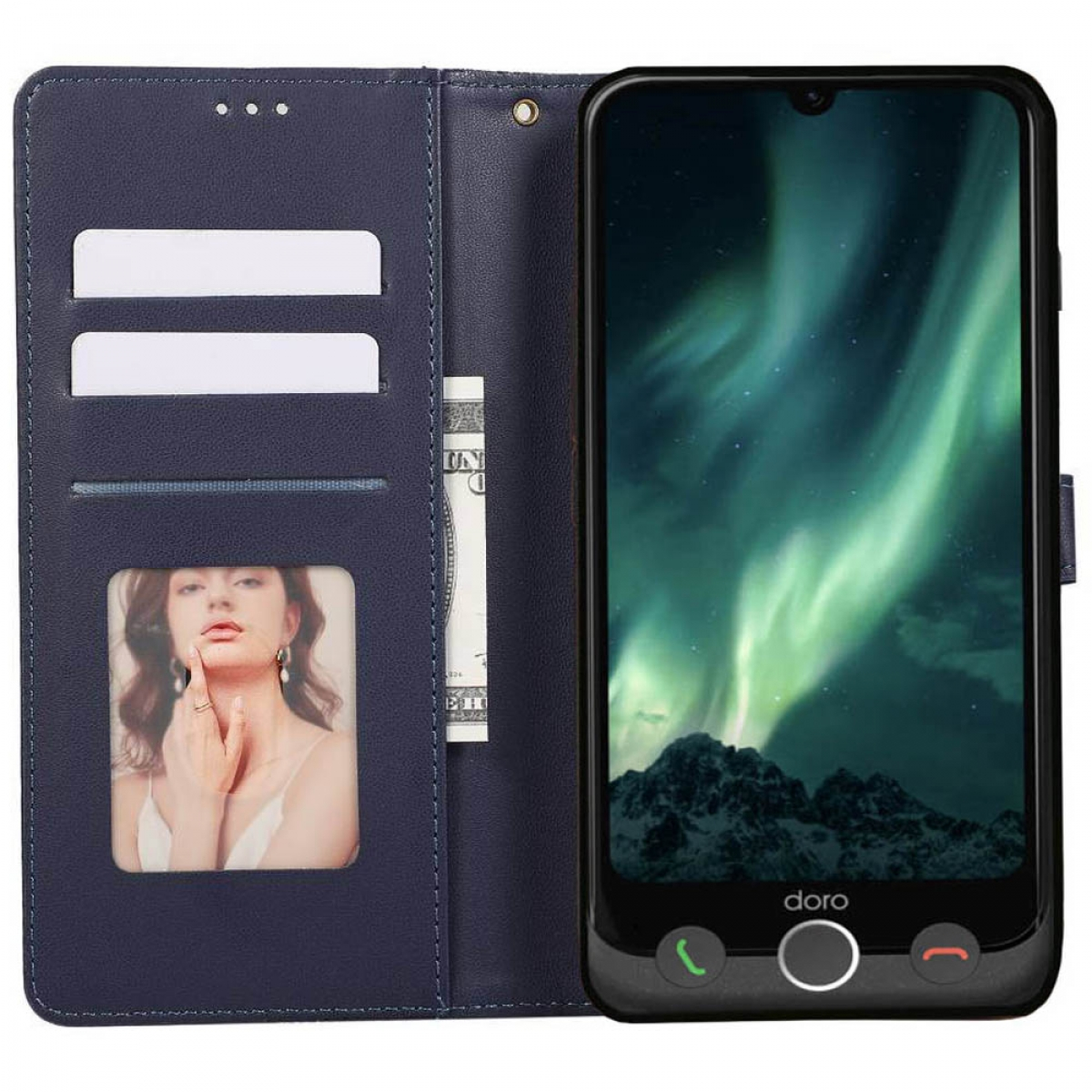Smartphone in blauer Hülle mit Foto und Bild einer Person darin.
