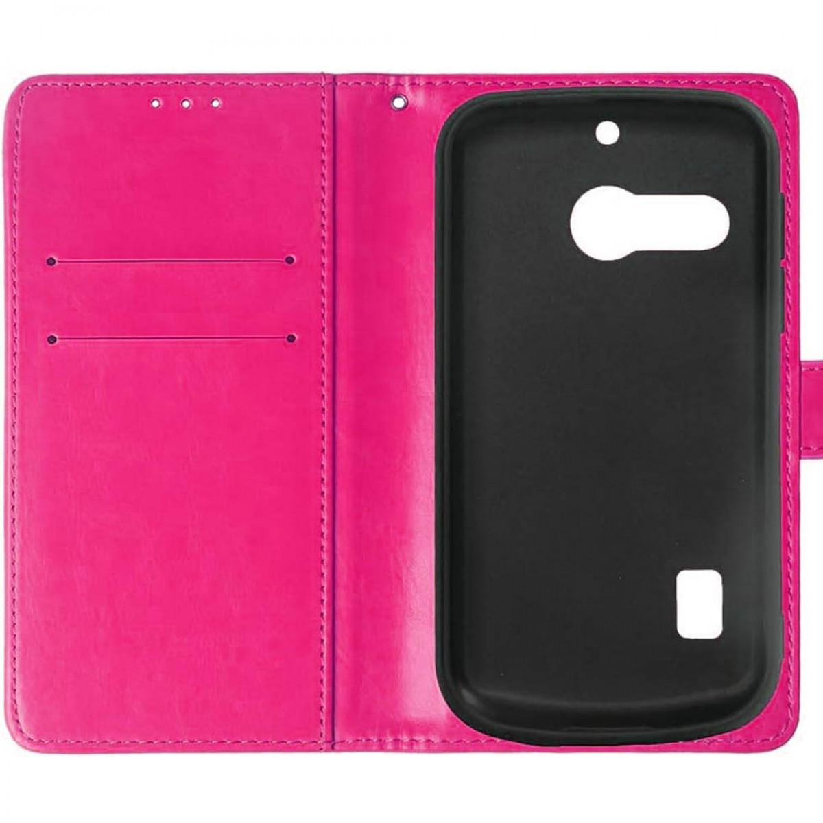 Eine rosa Handyhülle geöffnet. Die Handyhülle hat einen schwarzen Innenteil und einen Steckplatz für das Telefon.