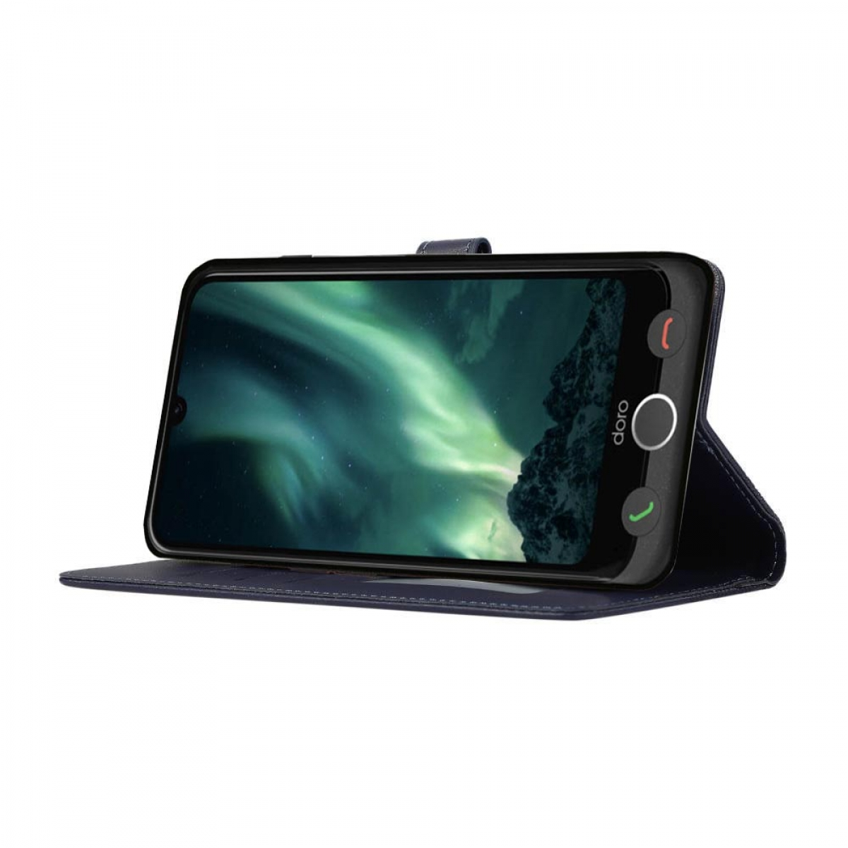 Ein schwarzes Telefon in einer dunkelblauen Brieftaschenhülle. Das Telefon zeigt eine Landschaft mit grünen und blauen Farben.