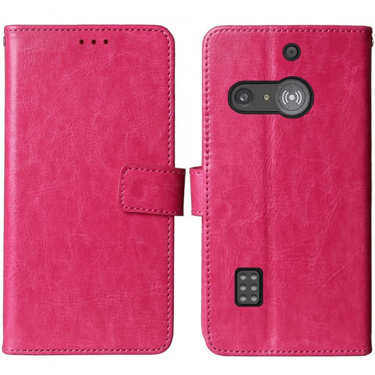 Eine rosa Handyhülle geschlossen. Die Handyhülle hat die Rückseite des Telefons. Es hat eine Kamera und einen Lautsprecher.