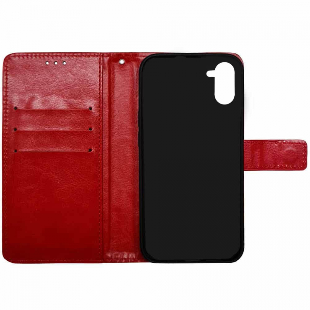 Eine rote Brieftaschenhülle, offen, mit einer Handyhülle darin. Die Handyhülle ist schwarz.