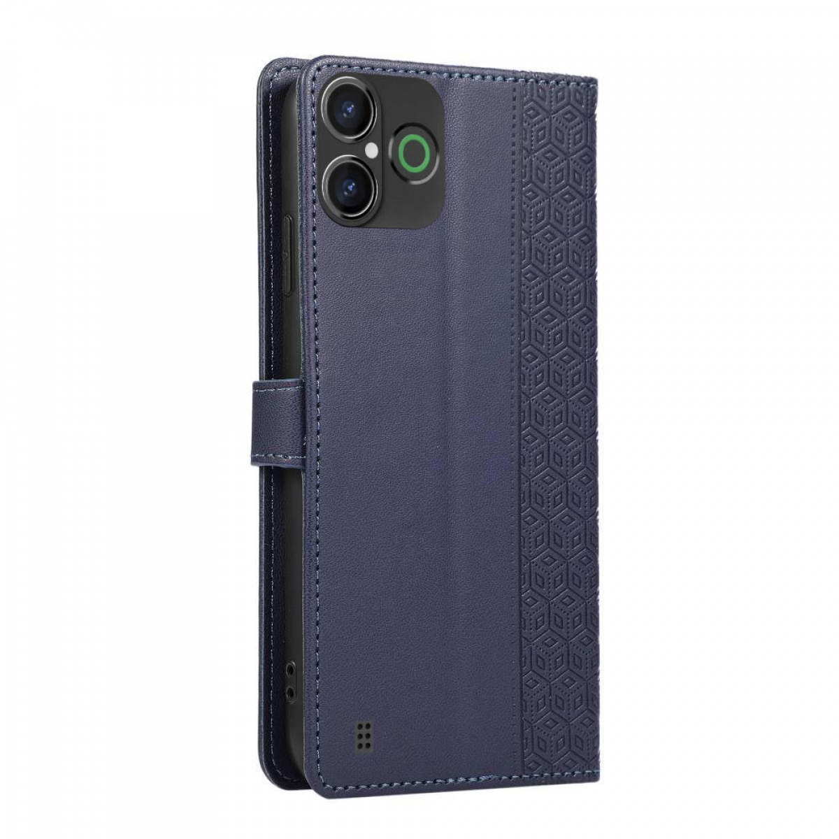 Eine dunkelblaue Handyhülle mit dem Telefon darin. Die Hülle hat ein Muster darauf.