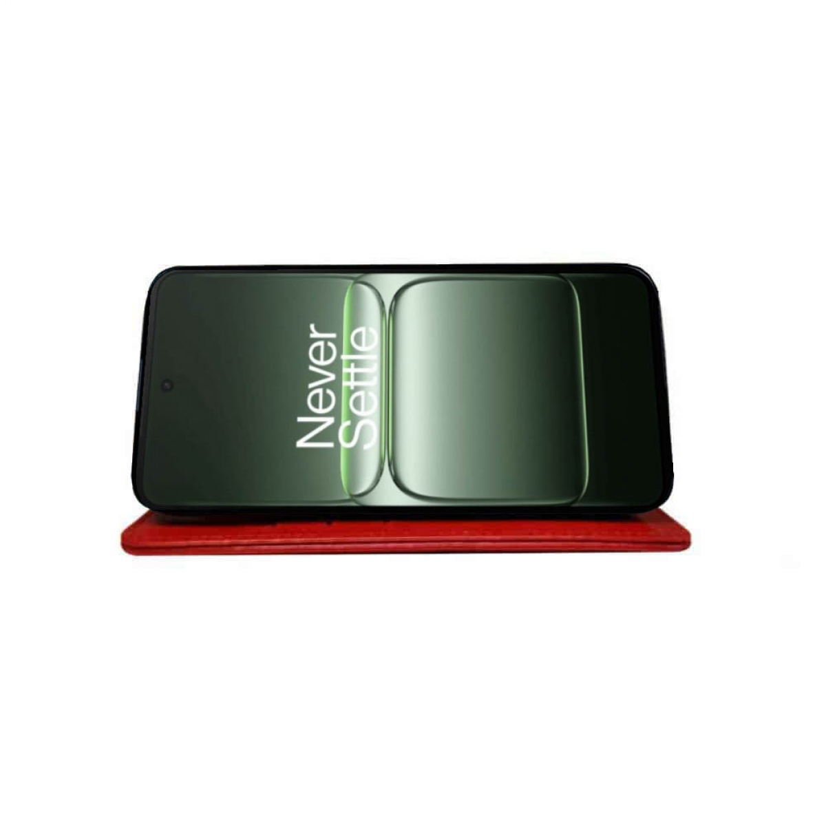 Ein Telefon in einer roten Brieftaschenhülle, das "Never Settle" auf dem Bildschirm anzeigt. Der Bildschirm hat einen grünen Farbton.