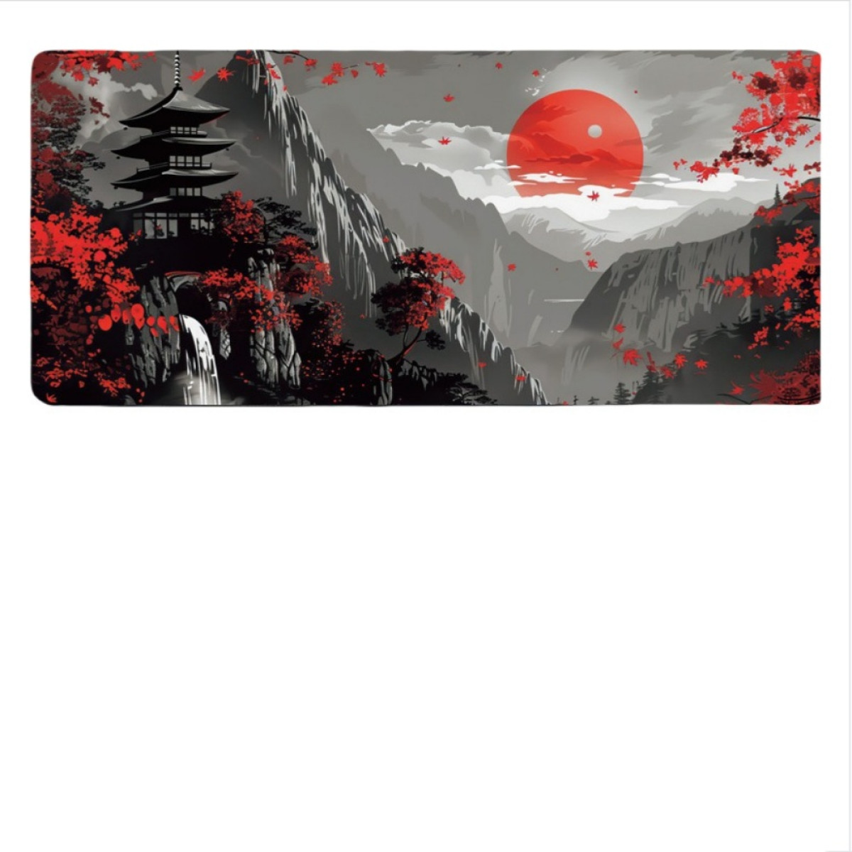 Een landschapsillustratie van een Japanse scène met een rode zon, bergen en een pagode.