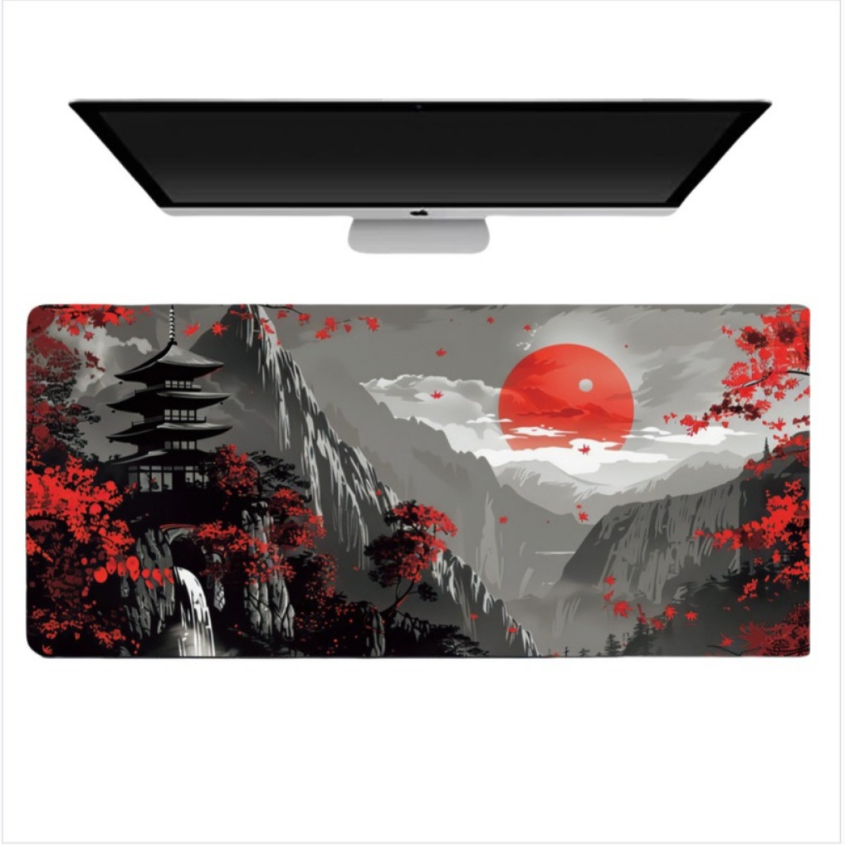 Japans landschapskunst met een rode zon, bergen, bomen en een pagode tegen een witte achtergrond.