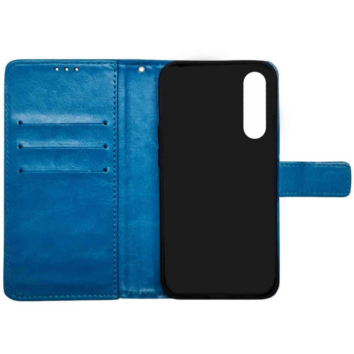 Blaue Handyhülle offen, mit Kartenfächern und einem schwarzen Smartphone mit dem Text 'Never Settle'.