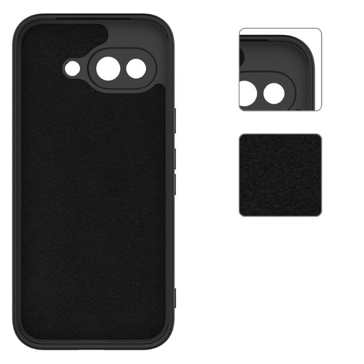 Eine schwarze Handyhülle mit einem Telefon darin. Das Telefon hat zwei Kameraausschnitte und ein kleines Quadrat aus Material.