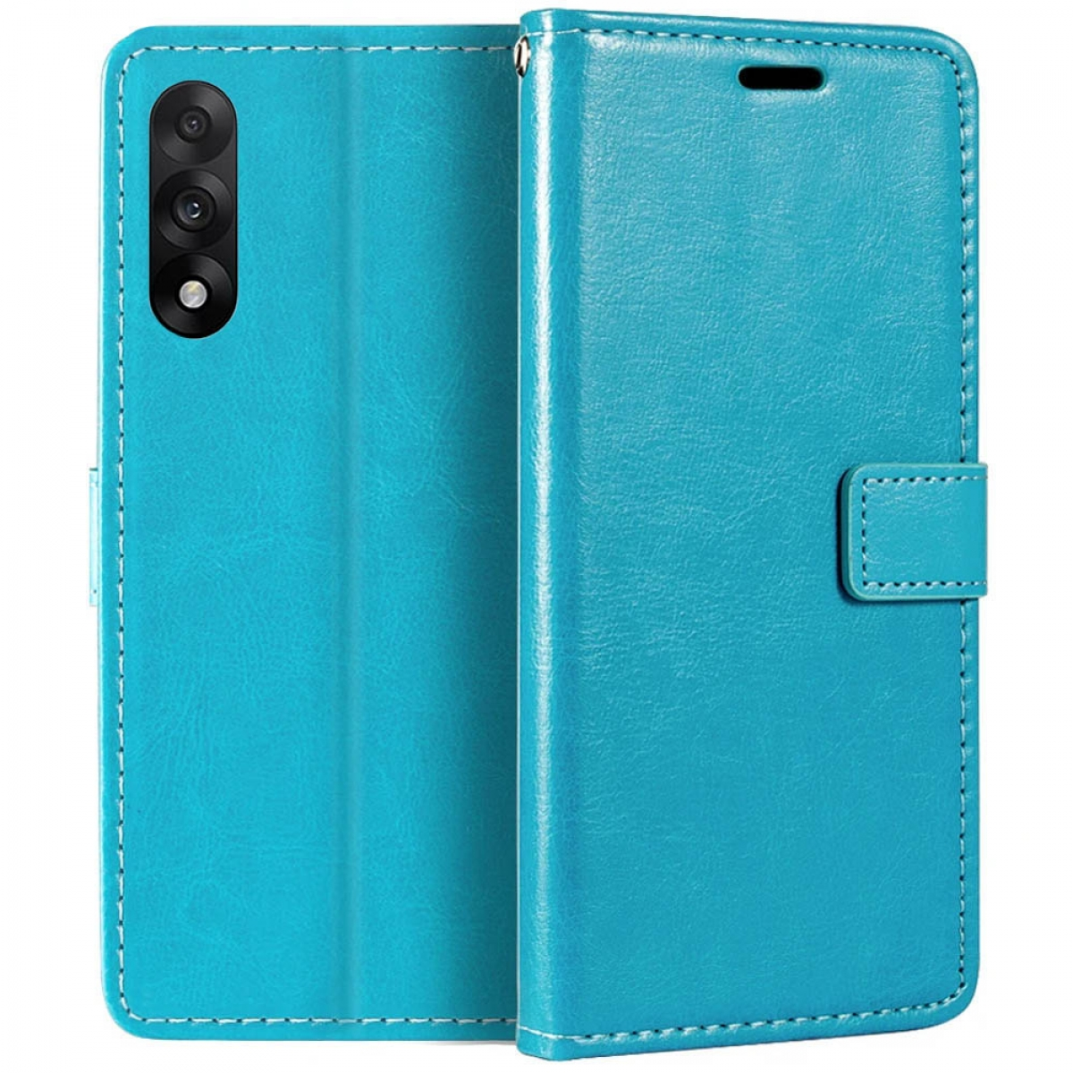 Eine blaue Handyhülle mit einem Telefon darin. Die Hülle ist geöffnet und zeigt die Kamera des Telefons oben links.