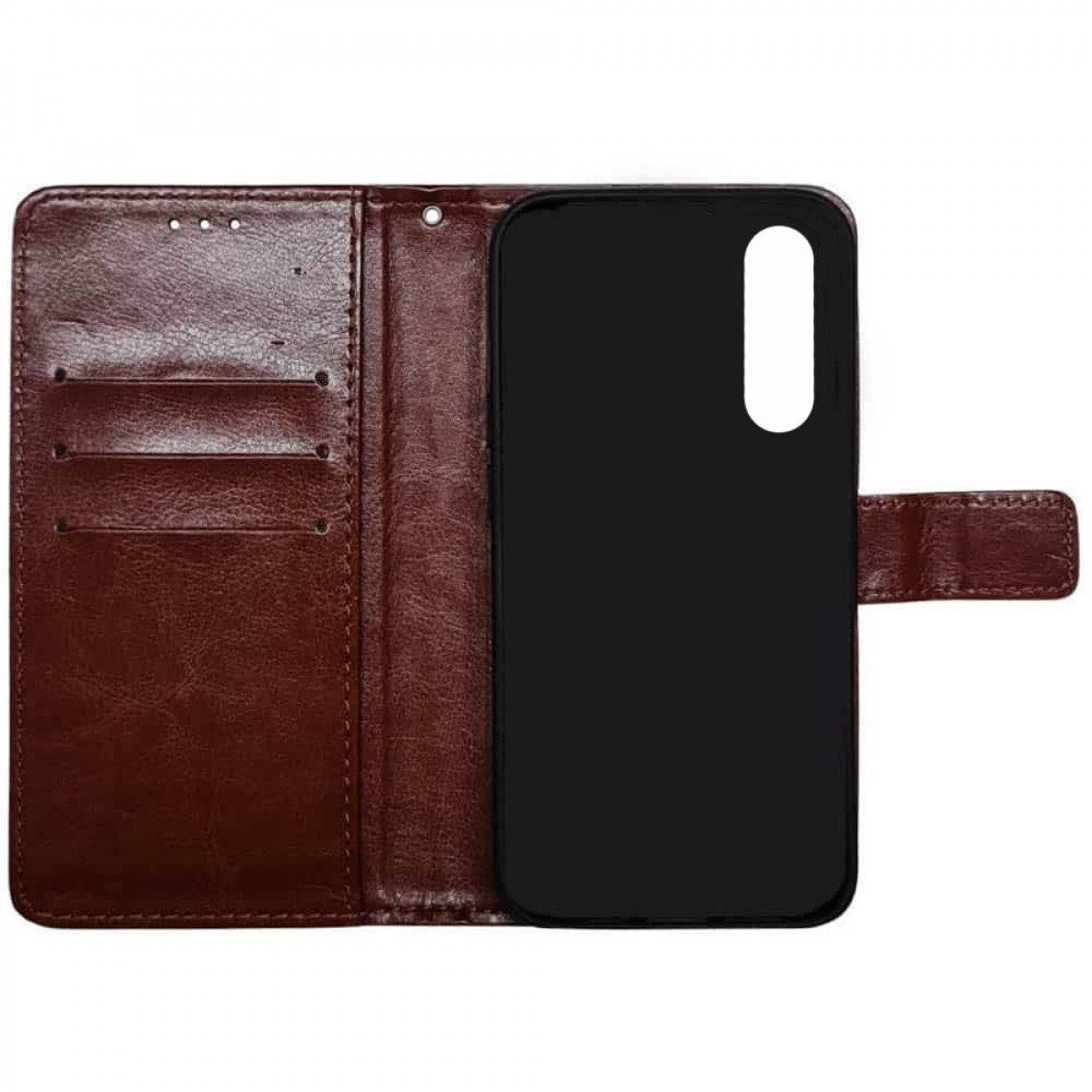 Eine braune, offene Handyhülle mit einem schwarzen Telefon darin. Das Telefon hat einen Kameraausschnitt und leeren Bildschirm.