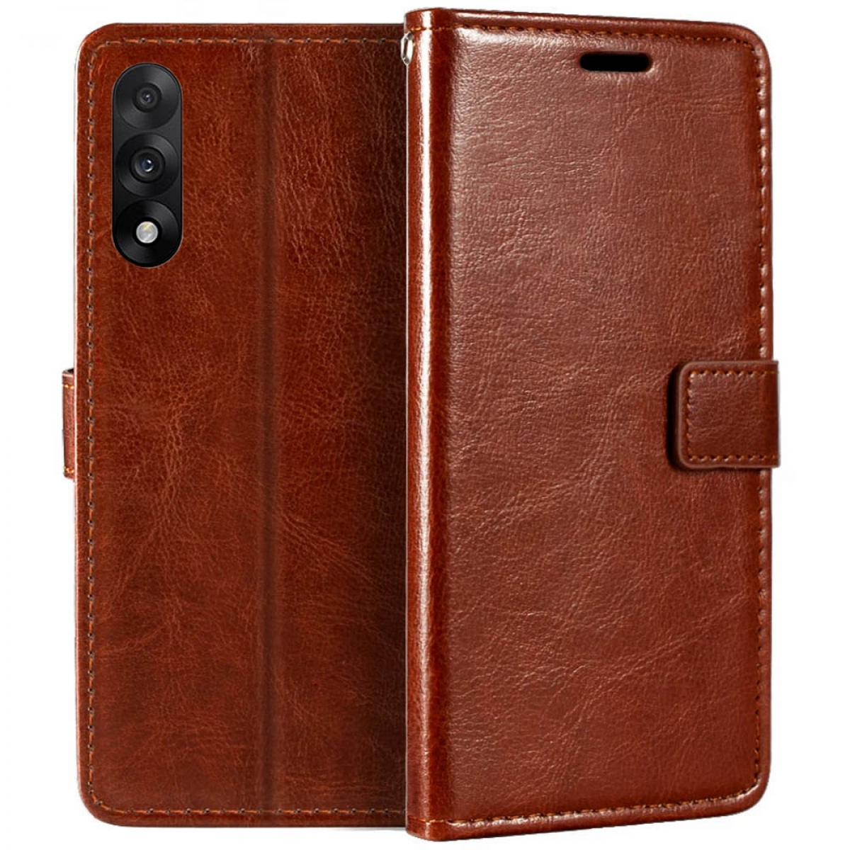 Eine braune, offene Handyhülle mit einem Telefon darin. Das Telefon hat mehrere Kameraausschnitte und liegt auf einem Tisch.