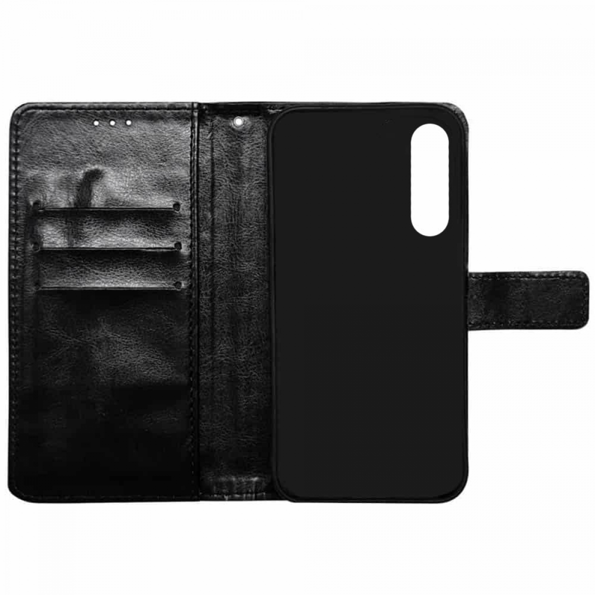 Schwarze Handyhülle offen, zeigt die Innenseite mit Kartenfächern und einem Telefonhalter.