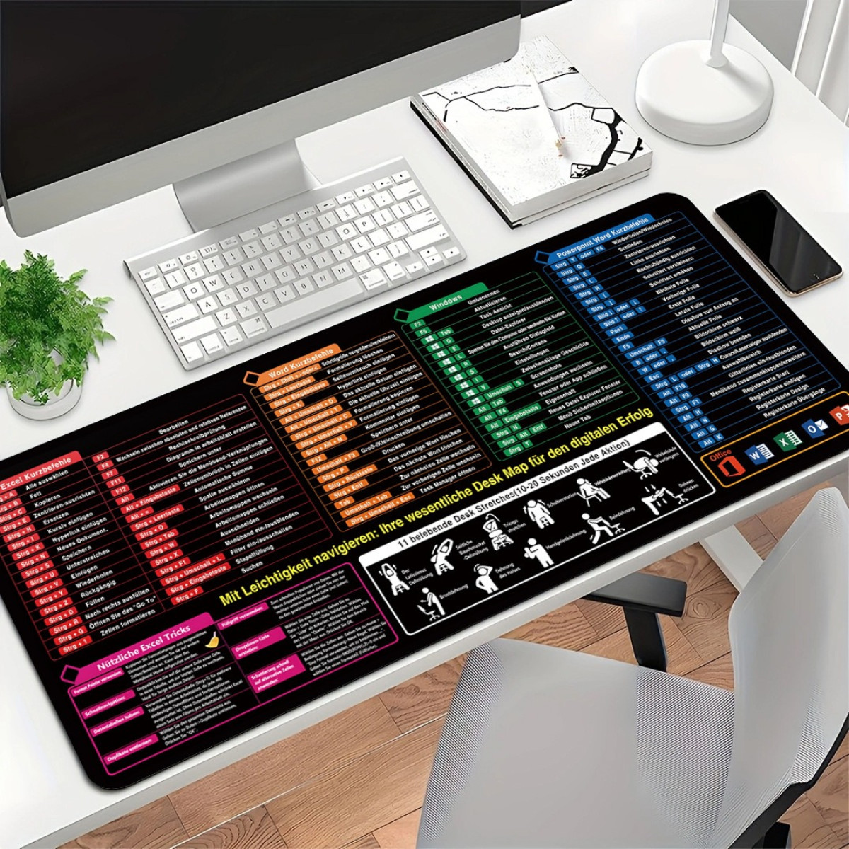 Schreibtischunterlage mit Tastatur, Maus und Text: Word-Shortcuts, Excel-Tipps.