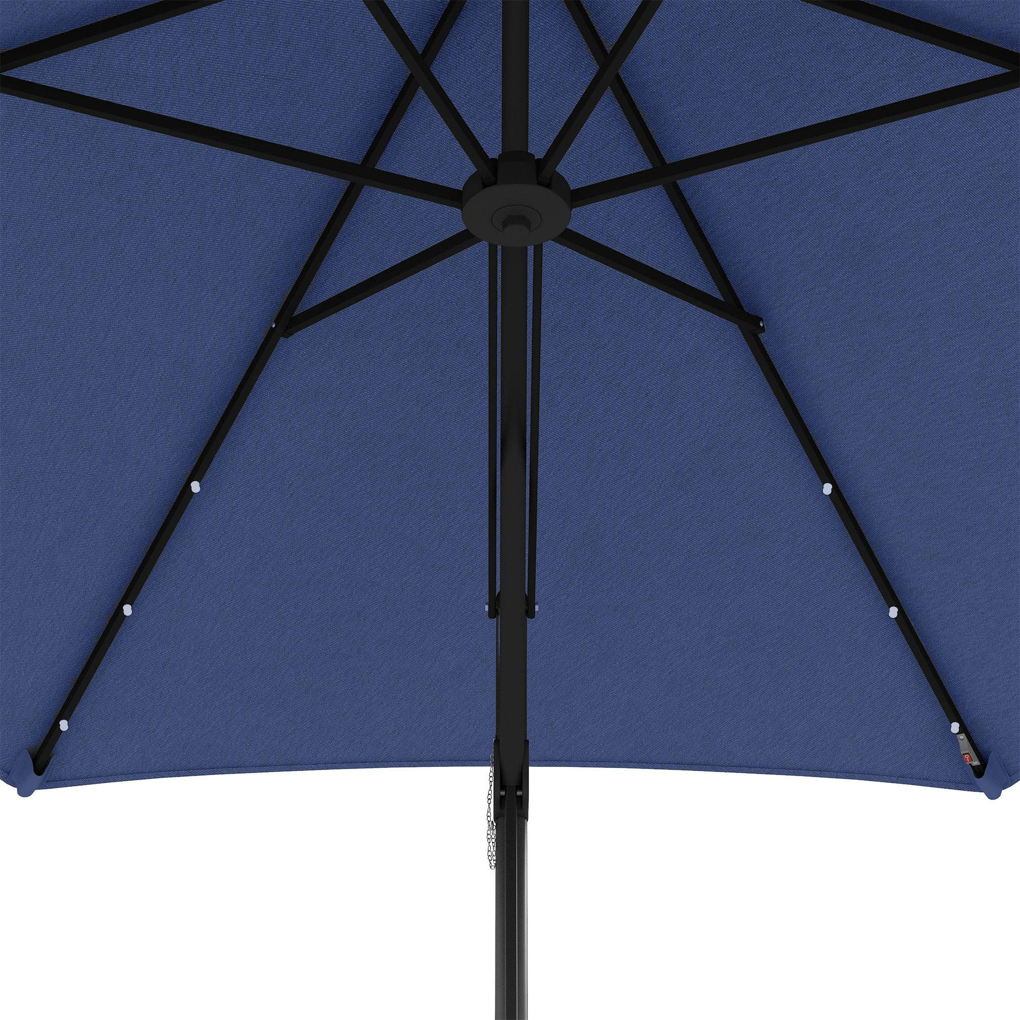 Ansicht von unten eines blauen Sonnenschirms. Die Rippen und die Tragstruktur sind sichtbar. Der Himmel ist nicht zu sehen.