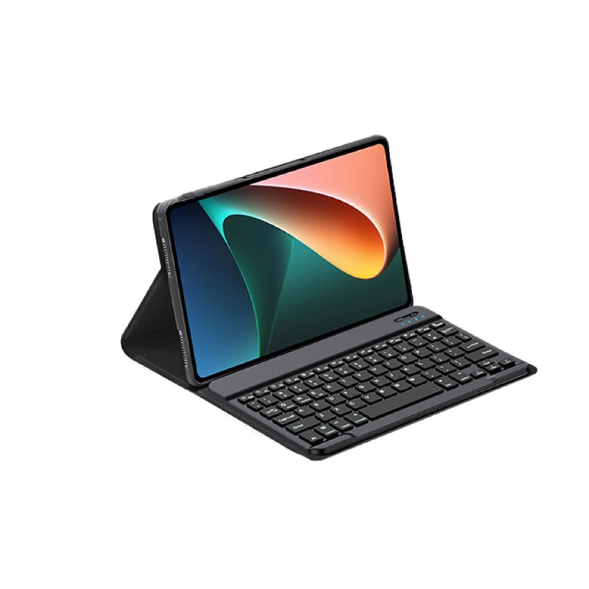 Un tablet con custodia per tastiera. Ha una custodia nera e uno schermo che mostra un'immagine colorata.
