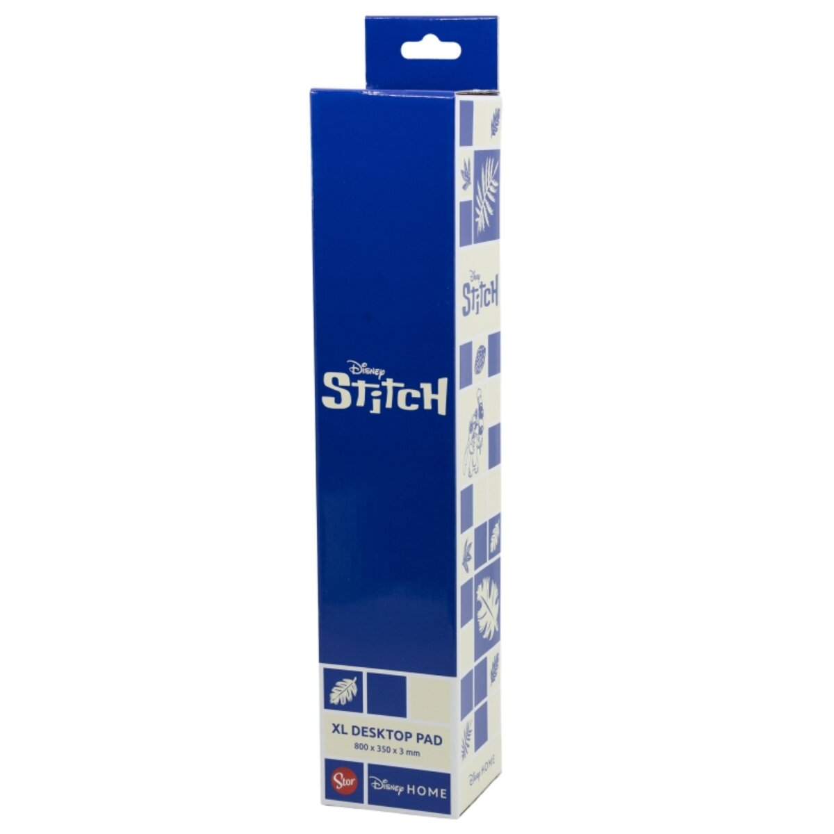 Hohe blaue Box, Disney Stitch XL Schreibtischunterlage. Die Box hat Disney Stitch Branding.