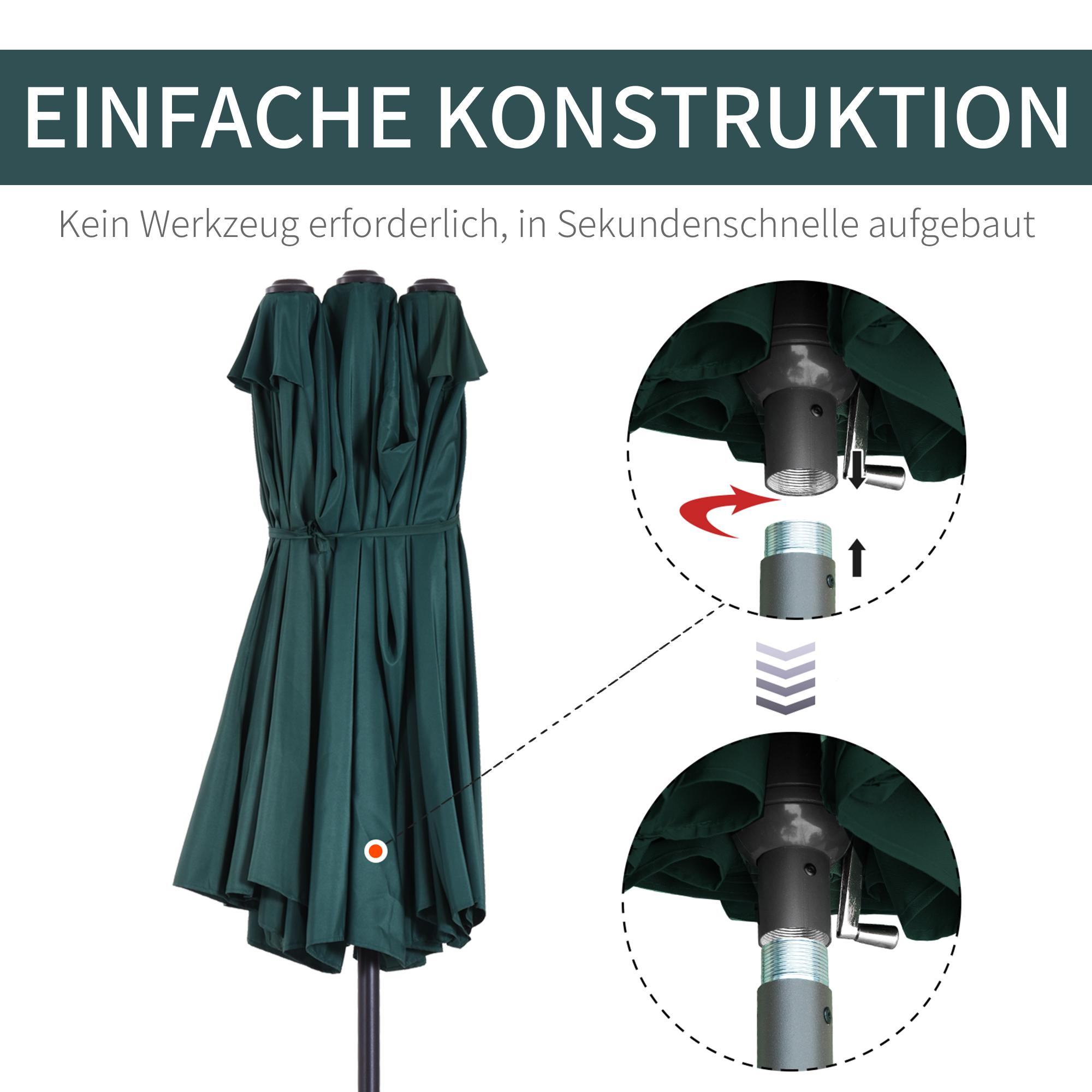 Grüner Sonnenschirm, teilweise geöffnet. Diagramme zeigen den Zusammenbau. Text: Einfache Konstruktion.