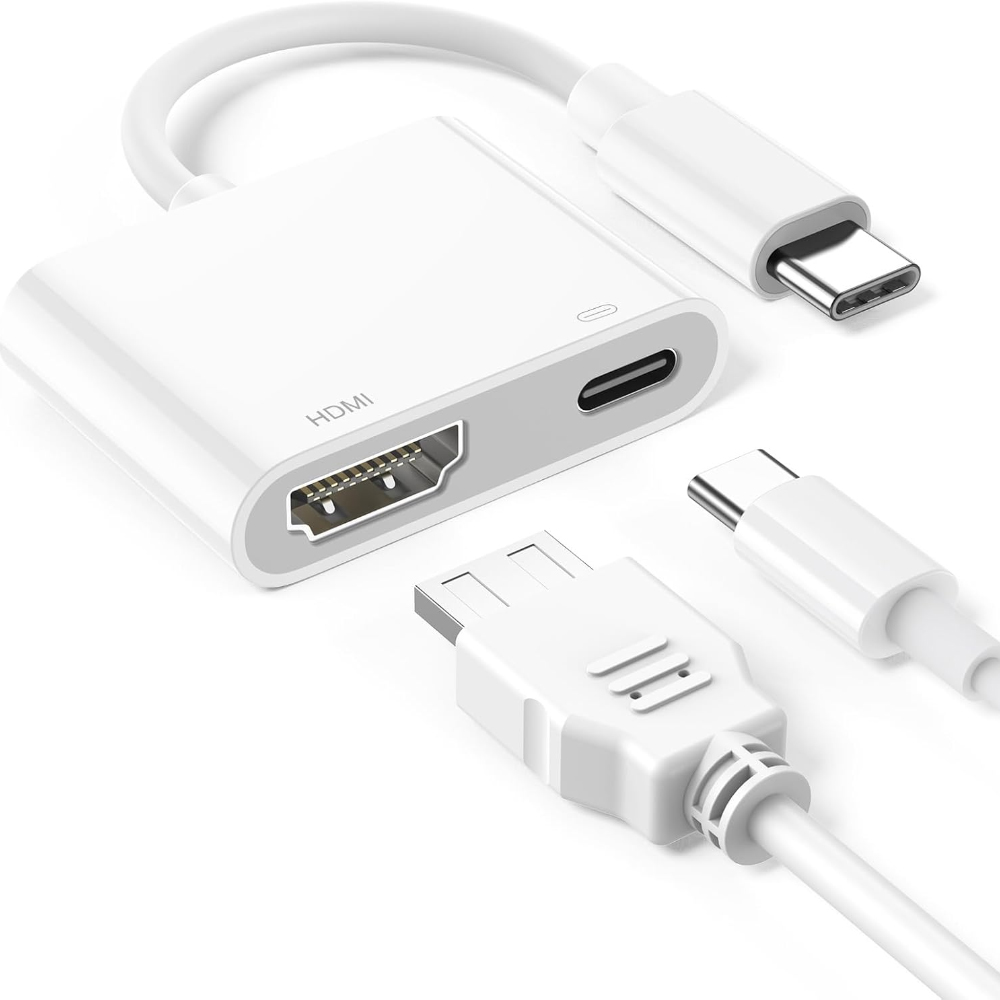 Weißer HDMI-Adapter mit angeschlossenen Kabeln, einem USB-C-Anschluss und einem HDMI-Anschluss, auf weißem Hintergrund.