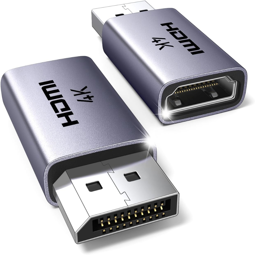 Zwei silberne HDMI-zu-DisplayPort-Adapter. Text auf dem Adapter lautet 4K.