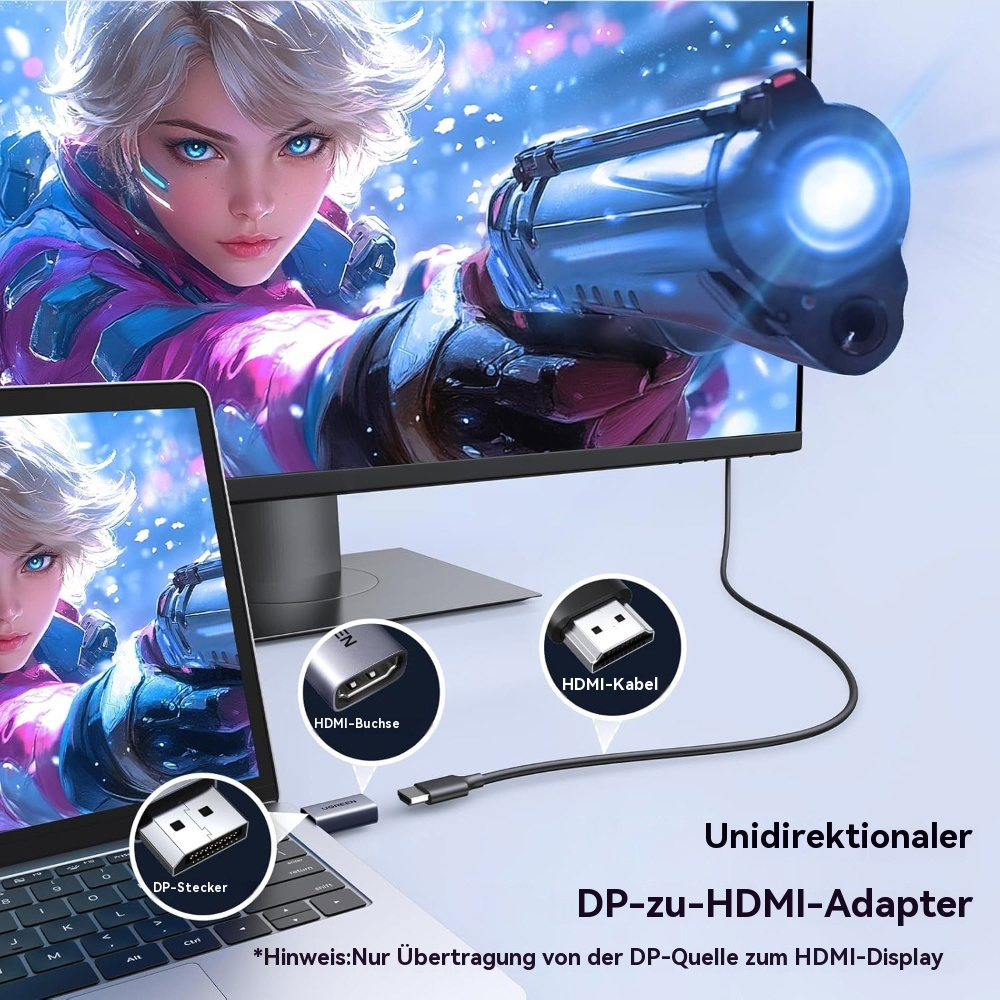 Laptop mit Monitor, der einen Anime-Charakter zeigt. Adapter und Kabel im Vordergrund. Weißer Hintergrund.