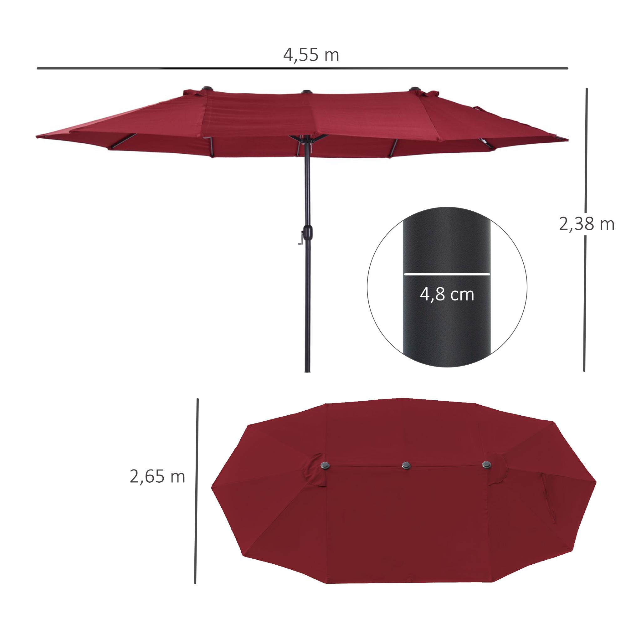 Ein roter Doppelschirm mit den Maßen 4,55 m und 2,38 m, mit schwarzem Pfosten und Kreildetail.