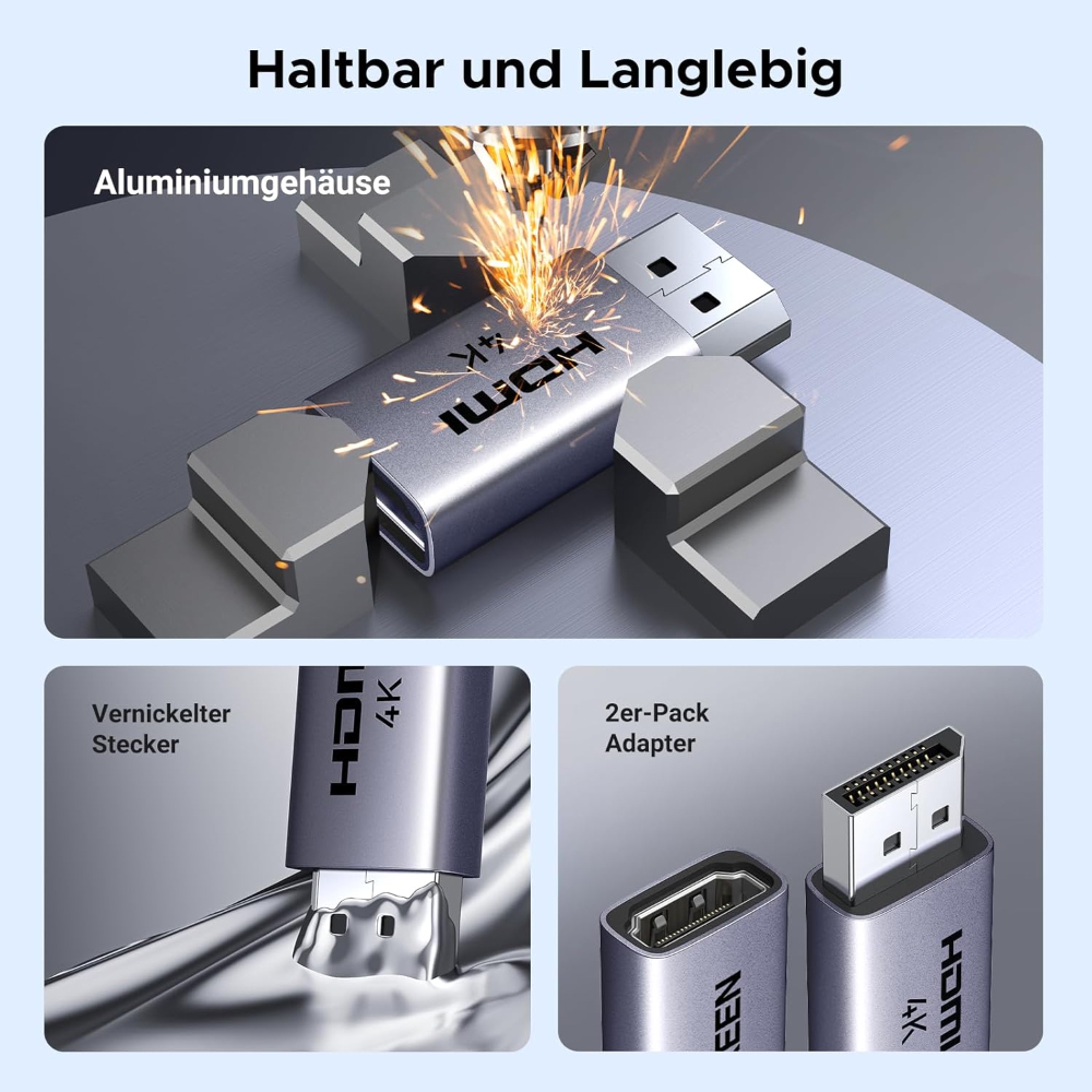 Silberner HDMI-Adapter mit Aluminiumgehäuse. Zeigt HDMI- und USB-Anschlüsse, Funken fliegen vom Adapter.