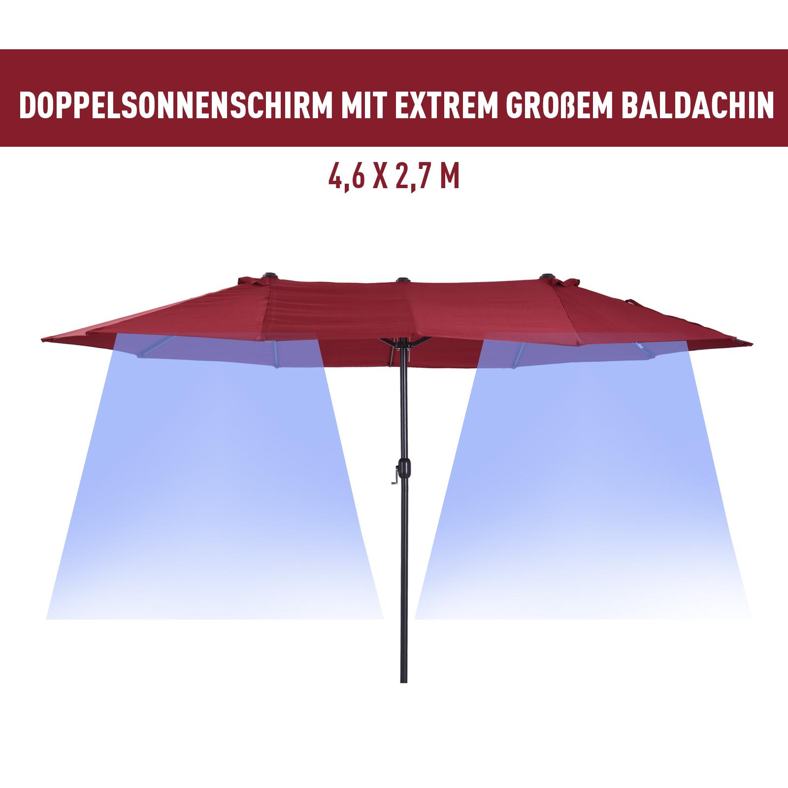 Weinroter Doppelschirm, Text, schwarze Stange und klarer Himmel im Hintergrund.