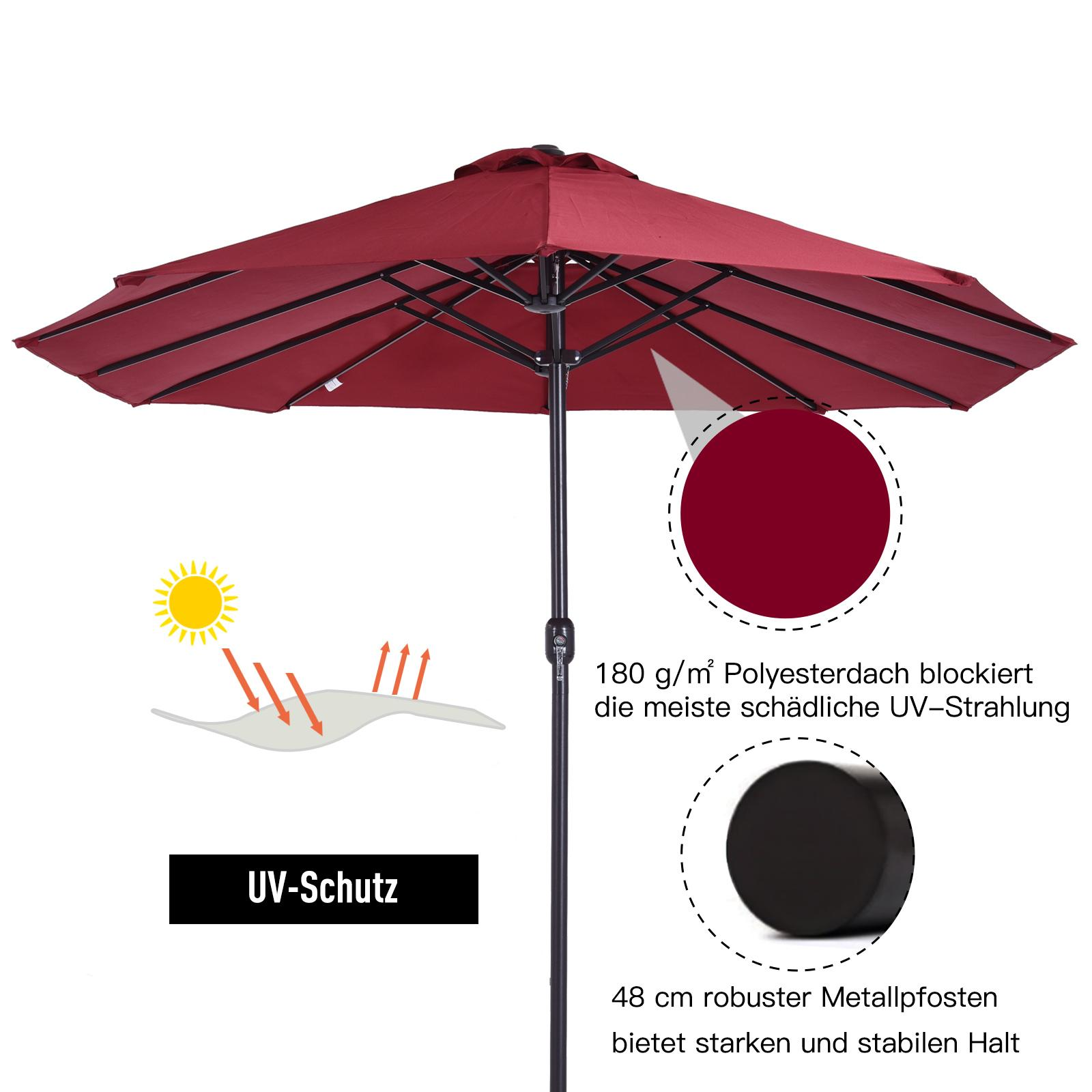 Roter Sonnenschirm mit Text und Maßen: 180 g/m², 48 cm Pfosten, UV-Schutz.