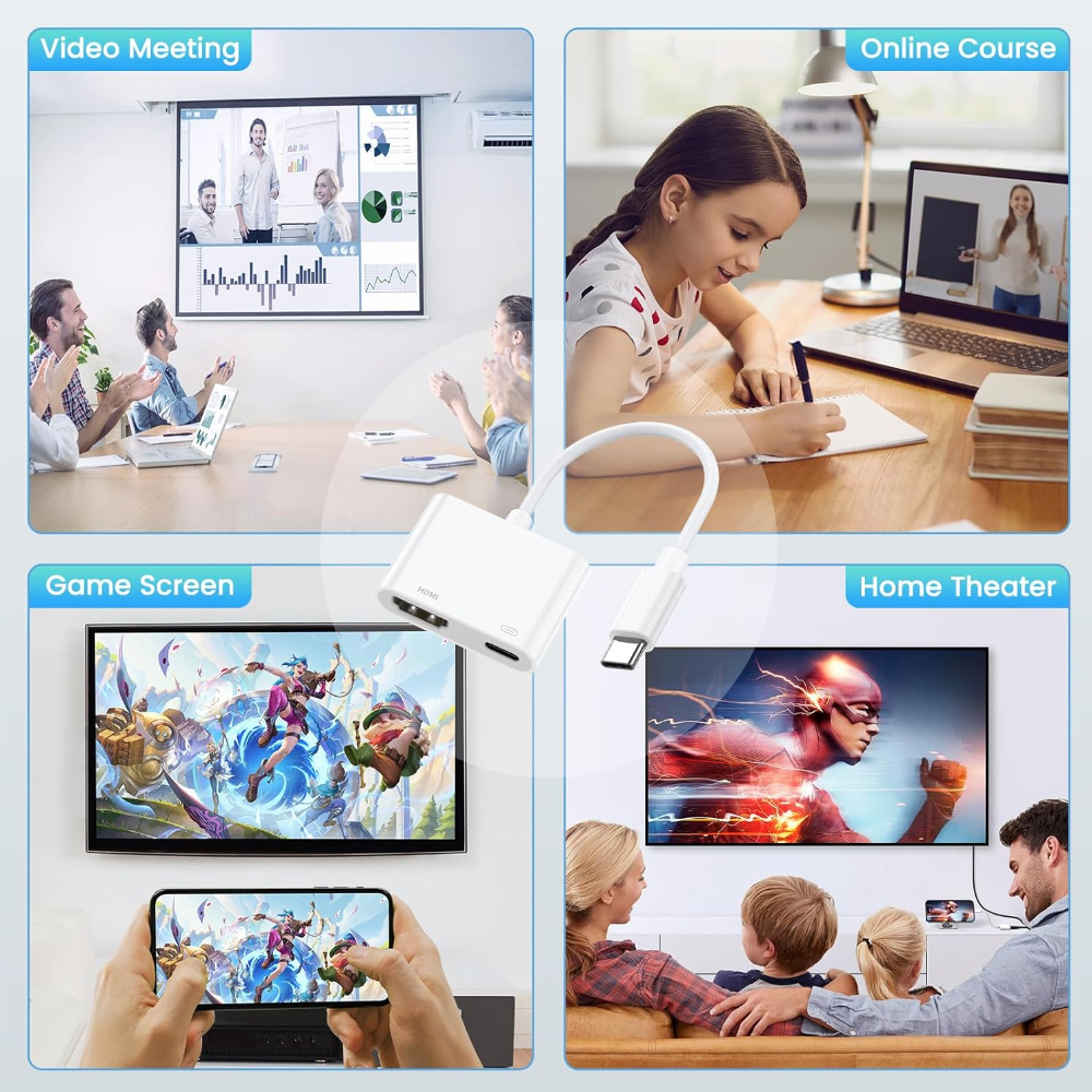 Bild zeigt verschiedene Szenarien mit einem HDMI-Adapter. Videokonferenz, Online-Kurs, Spielbildschirm, Heimkino.