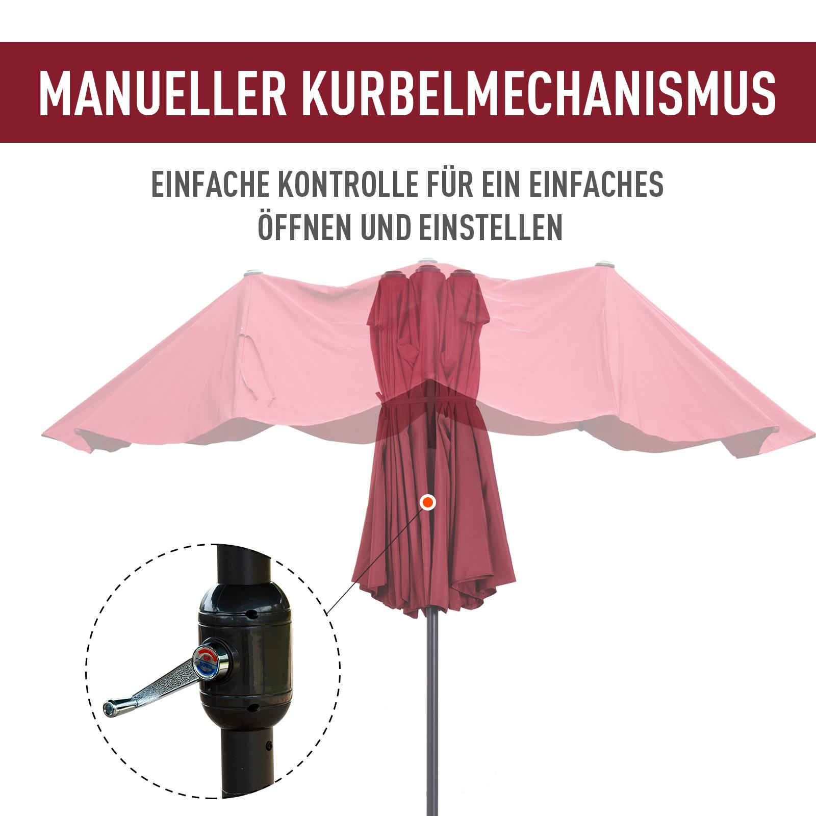 Ein roter Schirm mit Kurbelmechanismus und den Worten 'MANUELLER KURBELMECHANISMUS' oben.