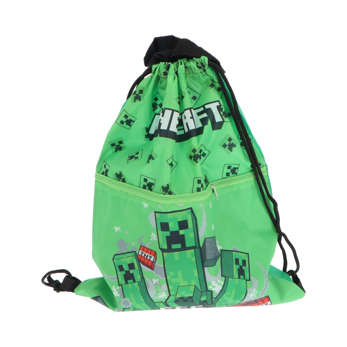 Grüner Minecraft-Kordelzugbeutel mit Creeper- und TNT-Grafiken. Das Wort 'MINECRAFT' steht auf der Tasche.