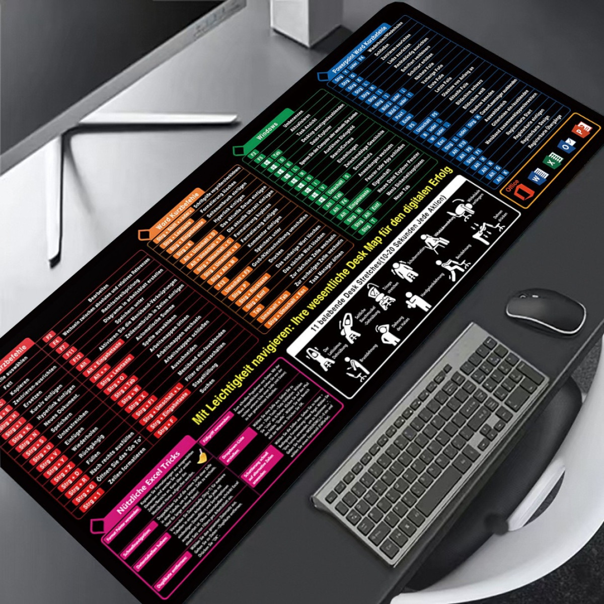 Schwarzes und rotes Schreibtischpad mit Tastenkombinationen. Tastatur und Maus rechts. Graue Schreibtischoberfläche.