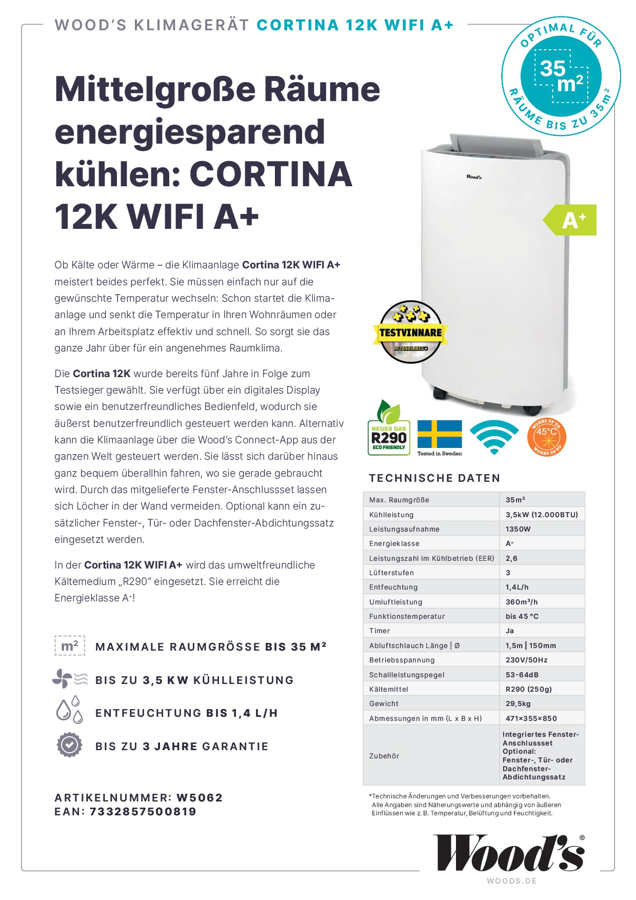 Ein weißer Klimaanlage mit Digitalanzeige und Bedienfeld oben, Text über Kühlung.