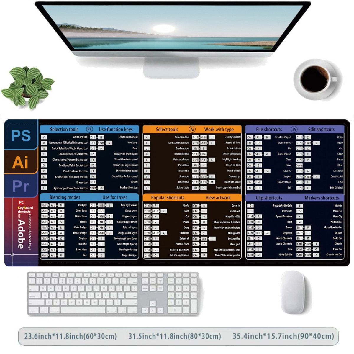 Schreibtischunterlage mit Adobe-Shortcuts, Tastatur, Maus und Monitor. Kaffeetasse rechts. Weißer Hintergrund.
